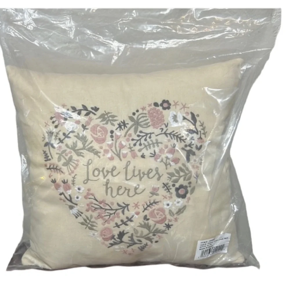 Primitives By Kathy Floral Embroidered Love Lives Here Pillow